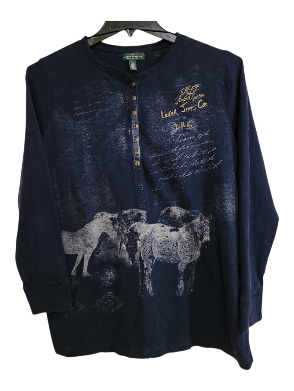 VTG Lauren Jeans Co Ralph Lauren Horse Graphic Henley Top 2X Equestrian Navy - Picture 2 of 12